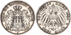 Germany - Empire Hamburg 3 Mark 1908 J
KM# 620, N# 7642; Silver; Free Hanseatic city of Hamburg; XF-.