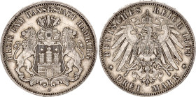 Germany - Empire Hamburg 3 Mark 1909 J
KM# 620, N# 7642; Silver; Free Hanseatic city of Hamburg; VF+.