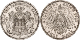 Germany - Empire Hamburg 3 Mark 1912 J
KM# 620, N# 7642; Silver; Free Hanseatic city of Hamburg; XF.