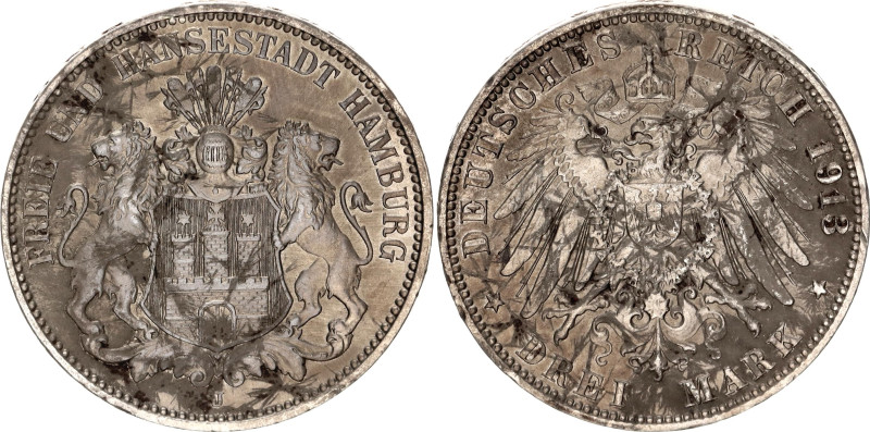 Germany - Empire Hamburg 3 Mark 1913 J
KM# 620, N# 7642; Silver; XF/AUNC with h...