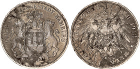 Germany - Empire Hamburg 3 Mark 1913 J
KM# 620, N# 7642; Silver; XF/AUNC with hairlines.