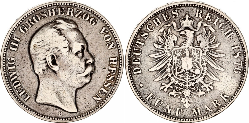 Germany - Empire Hessen-Darmstadt 5 Mark 1876 H
KM# 353, N# 26555; Silver; Ludw...