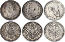 Germany - Empire Hessen-Darmstadt & Mecklenburg-Schwerin 3 x 2 Mark 1888 - 1904
KM# 539, 372 & 333; Silver; VF-AUNC.