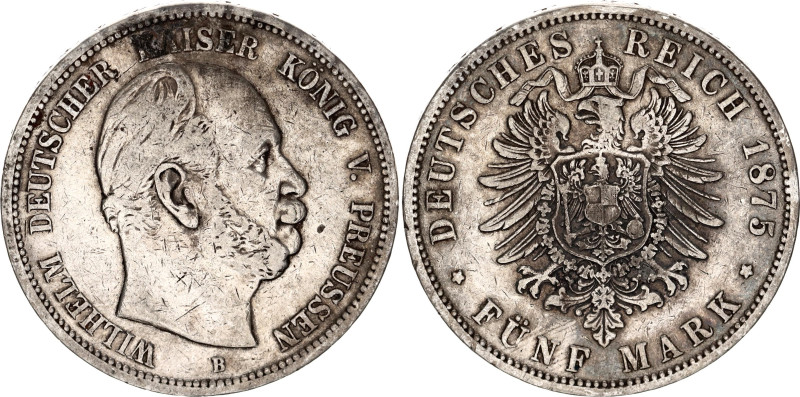 Germany - Empire Prussia 5 Mark 1875 B
KM# 503, N# 19823; Silver; Wilhelm I; VF...