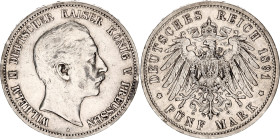 Germany - Empire Prussia 5 Mark 1891 A
KM# 523, N# 11814; Silver; Wilhelm II; XF-.