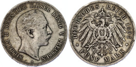 Germany - Empire Prussia 5 Mark 1895 A
KM# 523, N# 11814; Silver; Wilhelm II; VF.