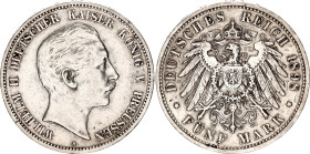 Germany - Empire Prussia 5 Mark 1898 A
KM# 523, N# 11814; Silver; Wilhelm II; XF.