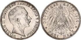 Germany - Empire Prussia 3 Mark 1910 A
KM# 527, N# 3643; Silver; Wilhelm II; XF.