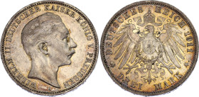 Germany - Empire Prussia 3 Mark 1911 A
KM# 527; AKS# 131; J. 103; N# 3643; Silver; Wilhelm II; Berlin Mint; XF+ with nice golden toning.