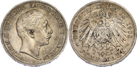 Germany - Empire Prussia 5 Mark 1908 A
KM# 532; AKS# 129; J. 104; N# 11814; Silver; Wilhelm II; Berlin Mint; XF+.