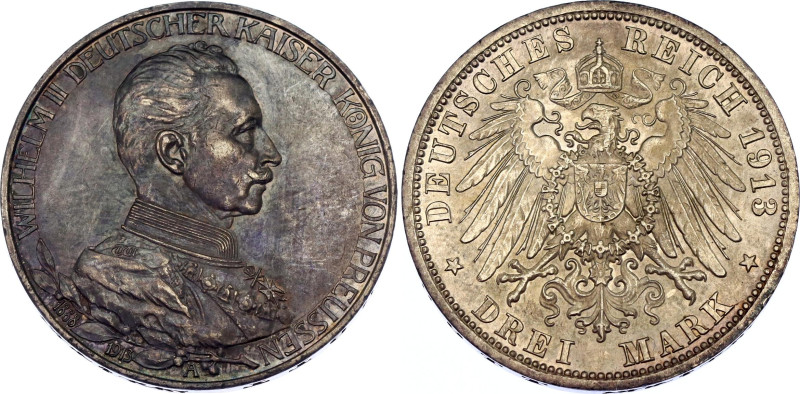 Germany - Empire Prussia 3 Mark 1913 A
KM# 535; J. 112; N# 19478; Silver; 25th ...
