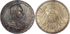 Germany - Empire Prussia 3 Mark 1913 A
KM# 535; J. 112; N# 19478; Silver; 25th Anniversary of the Reign of King Wilhelm II; Berlin Mint; UNC Toned.