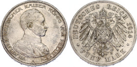 Germany - Empire Prussia 5 Mark 1914 A
KM# 536; J. 114; N# 4714; Silver; Wilhelm II; Berlin Mint; XF+.