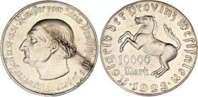 Germany - Weimar Republic Westfalen 10000 Mark 1923
Funck# 645.7, J# N20a, N# 16928; Silvered Tombac; VF.