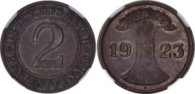 Germany - Weimar Republic 2 Rentenpfennig 1923 D NGC MS 63 BN
KM# 31; J. 307; N# 1921; Bronze; Munich Mint; UNC.