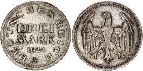Germany - Weimar Republic 3 Reichsmark 1924 D
KM# 43, N# 15886; Silver; Weimar Republic; XF-.