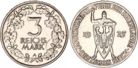 Germany - Weimar Republic 3 Reichsmark 1925 A
KM# 46, N# 15901; Silver; 1000th Year of the Rhineland; XF.