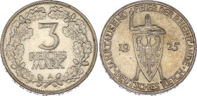 Germany - Weimar Republic 3 Reichsmark 1925 A
KM# 46; AKS# 73; J. 321; N# 15901; Silver; 1000th Year of the Rhineland; Berlin Mint; AUNC.