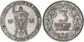 Germany - Weimar Republic 3 Reichsmark 1925 D
KM# 46, N# 15901; Silver; 1000th Year of the Rhineland; XF.