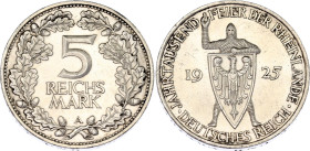 Germany - Weimar Republic 5 Reichsmark 1925 A
KM# 47; AKS# 60; J. 322; N# 31803; Silver; 1000th Year of the Rhineland; Berlin Mint; UNC.