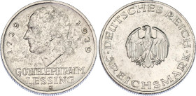 Germany - Weimar Republic 3 Reichsmark 1929 J
KM# 60; J. 335; N# 15902; Silver; 200th Anniversary of Gotthold Lessin; Hamburg Mint; UNC.