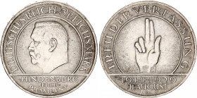 Germany - Weimar Republic 3 Reichsmark 1929 A
KM# 63, N# 15904; Silver; 10th Anniversary of the Weimar Constitution; XF.