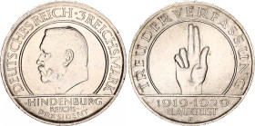 Germany - Weimar Republic 3 Reichsmark 1929 D
KM# 63, N# 15904; Silver; 10th Anniversary of the Weimar Constitution; UNC.