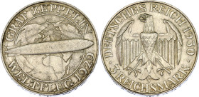 Germany - Weimar Republic 3 Reichsmark 1929 D
KM# 67, J# 342; N# 24953; Silver; Flight of the Graf Zeppelin; XF-AUNC.