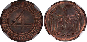 Germany - Weimar Republic 4 Reichspfennig 1932 F NGC MS 64 BN
KM# 75, N# 8463; Bronze; Mint luster remains.