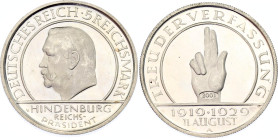 Germany - Third Reich 5 Reichsmark 1929 A (2001) Restrike
KM# 64, N# 22835 ; Silver, Proof; 10th Anniversary of the Weimar Constitution; UNC, with Ha...