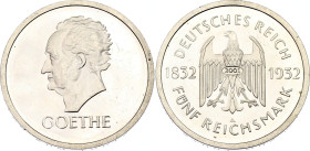 Germany - Third Reich 5 Reichsmark 1932 A (2001) Restrike
KM# 77 , N# 29894 ; Silver, Proof; 100th Anniversary of the Death of Goethe; UNC, with Hair...