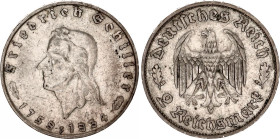 Germany - Third Reich 2 Reichsmark 1934 F
KM# 84, N# 15867; Silver; 175th Anniversary of Friedrich Schiller's Birth; XF.