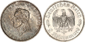Germany - Third Reich 2 Reichsmark 1934 F
KM# 84, N# 15867; Silver; Friedrich Schiller (1755 - 1934); AUNC/UNC with minor hairlines.