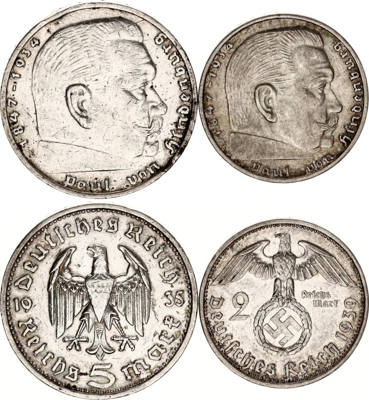 Germany - Third Reich 2 & 5 Reichsmark 1934
KM# 86 & 93; J. 360 & 366; Silver; ...
