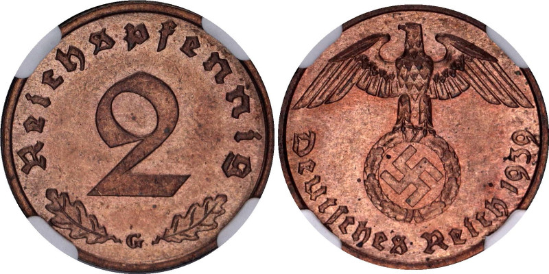 Germany - Third Reich 2 Reichspfennig 1939 G MS 64 RB
KM# 90; AKS# 55; J. 362; ...
