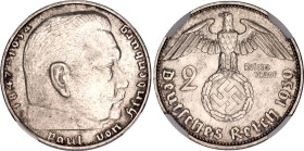 Germany - Third Reich 2 Reichsmark 1939 J NGC MS 63
KM# 93, N# 3416; Silver; Paul von Hindenburg.