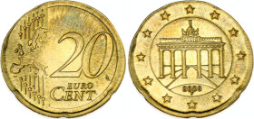 Germany 20 Euro Cent 2008 F Error Off Center
KM# 255; J. 486a; Schön# 250; Brass; Stuttgart Mint; UNC.