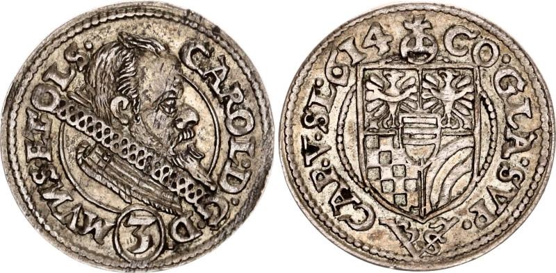 Austrian States Münsterberg-Oels (Silesia) 3 Kreuzer 1614
KM# 5, N# 47319; Silv...