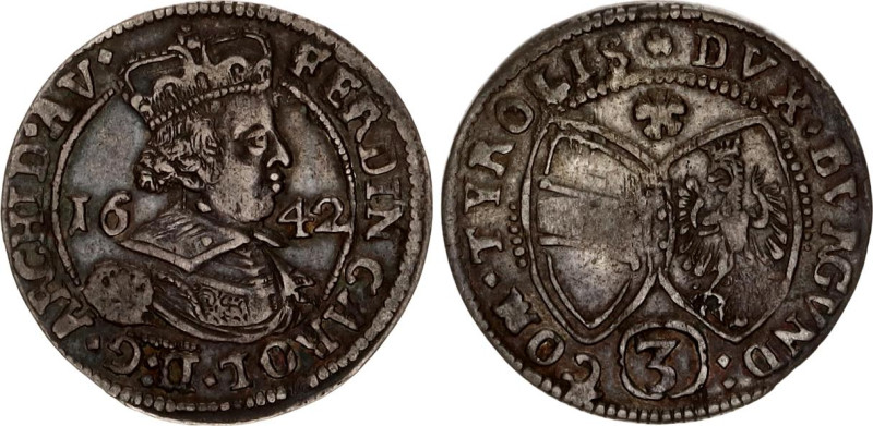Austrian States Tyrol 3 Kreuzer 1642
KM# 852; MT# 495; Silver; Ferdinand Karl; ...