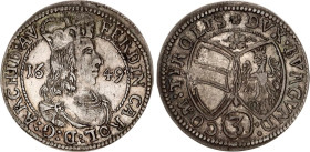 Austrian States Tyrol 3 Kreuzer 1649
KM# 852; MT# 517; Silver; Ferdinand Karl; Hall Mint; XF.