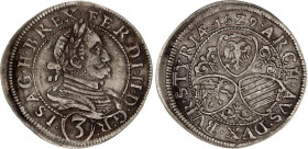 Austria 3 Kreuzer 1629
KM# 709; N# 73093; Silver; Ferdinand II; Graz Mint; XF.