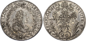 Austria 20 Kreuzer 1769 B EVM D
KM# 2067.1, N# 22599; Silver; Joseph II, as co-ruler of Maria Theresia; Kremnitz Mint; XF.