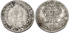Austria 20 Kreuzer 1771 D CVG AK
KM# 2067.1; N# 22599; Silver; Joseph II (Regency); Graz Mint; VF-XF.
