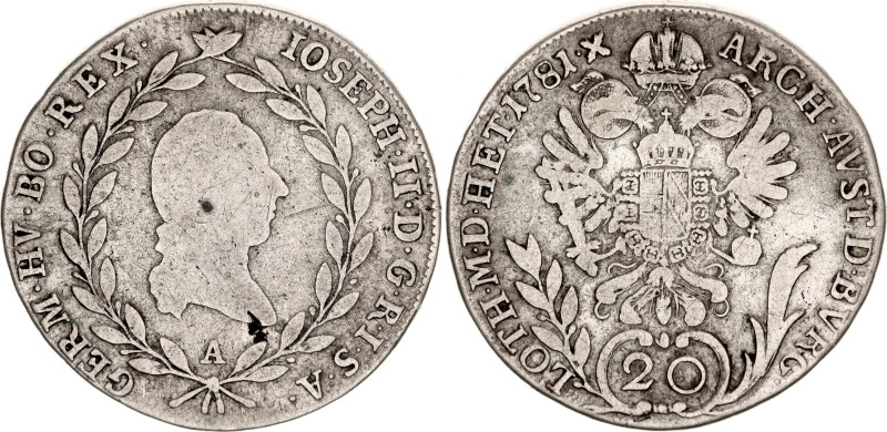 Austria 20 Kreuzer 1781 A
KM# 2069, N# 20762; Silver; Joseph II; VG.