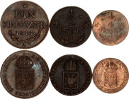 Austria 1/4 - 1/2 - 1 Kreuzer 1816 A
KM# 2107, 2110, 2113; Copper; Francis I; XF.