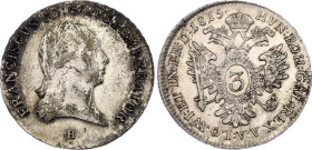 Austria 3 Kreuzer 1815 B
KM# 2117; N# 33668; Silver; Franz I; Kremnitz Mint; XF+.