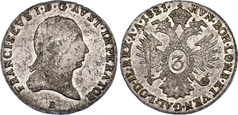Austria 3 Kreuzer 1821 B
KM# 2118; N# 25241; Silver; Franz I; Kremnitz Mint; XF...