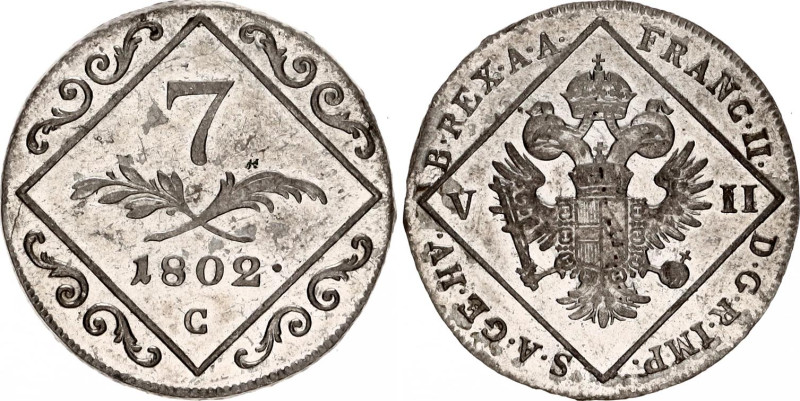 Austria 7 Kreuzer 1802 C
KM# 2129; N# 18836; Silver; Franz II; Prague Mint; XF+...