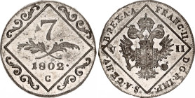 Austria 7 Kreuzer 1802 C
KM# 2129; N# 18836; Silver; Franz II; Prague Mint; XF+.