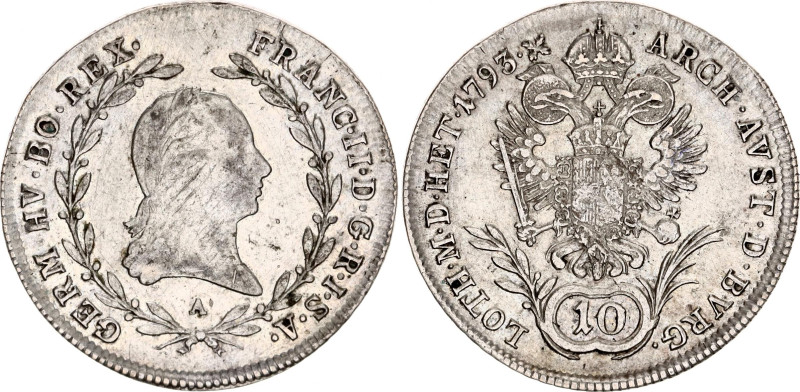 Austria 10 Kreuzer 1793 A
KM# 2130, N# 33680; Silver; Francis II; VF+.
